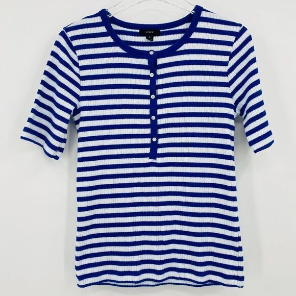 J. Crew Size Small Blue & White Elbow Sleeve Ribbed Knit Henley Top in Stripe - Picture 1 of 8